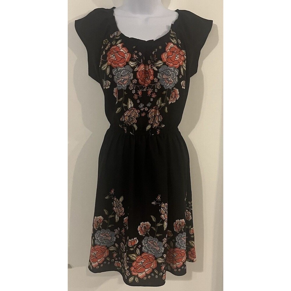 Lauren Conrad Black w/ Floral Short Ruffle Sleeve Dress Tuck Point Collar Sz S
